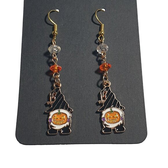 Handmade Halloween Gnome Pumpkin Bead Dangle Earrings Festive Jewelry By Donovan - Picture 2 of 4